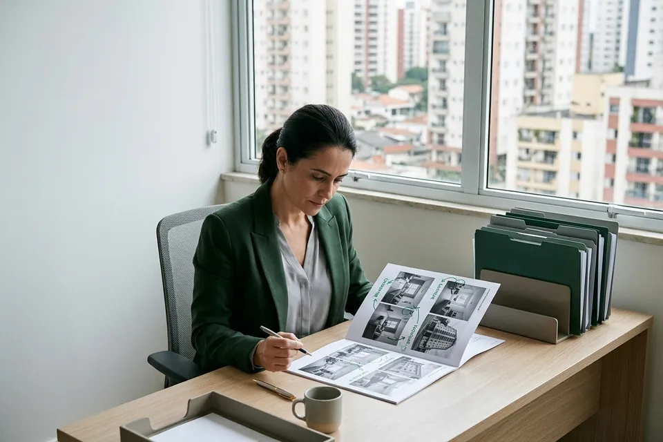 Gerente de contratos analisa um relatório impresso com fotos de imóveis, em uma mesa de escritório com pastas organizadas.